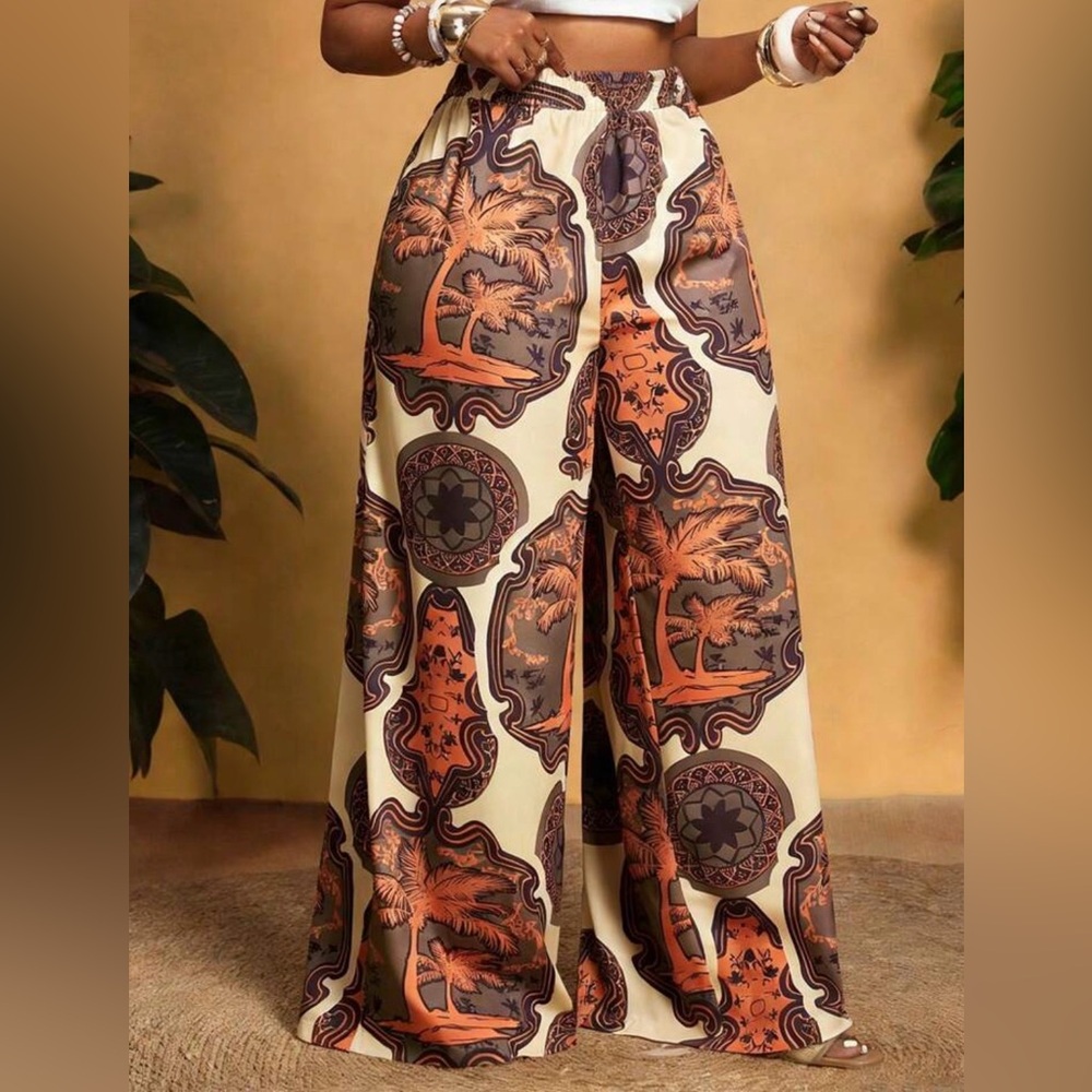 Wide-Leg Palm Print Pants - Orange & Cream